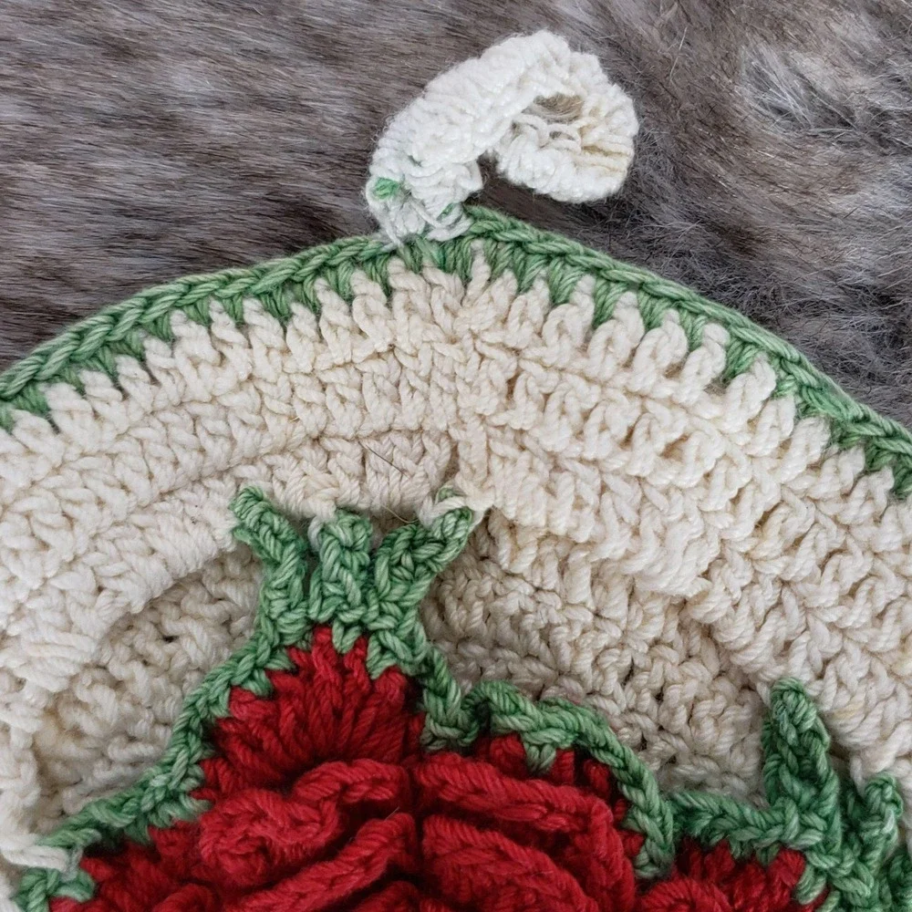 Handmade Round Crochet Pot Holder With Rose Design - Red Green & Cream Colors Pe
